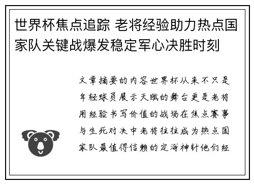 世界杯焦点追踪 老将经验助力热点国家队关键战爆发稳定军心决胜时刻 世界杯焦点追踪 老将经验助力热点国家队关键战爆发稳定军心决胜时刻